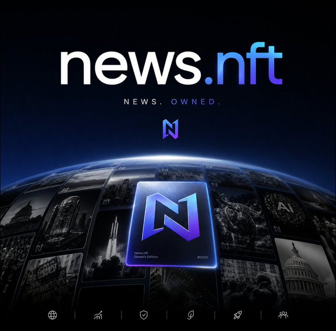 A promotional graphic for news.nft with the tagline 'NEWS. OWNED.' displayed above a 3D-rendered globe covered in news imagery and a glowing blue NFT card marked 'news.nft Genesis Edition #0001'.