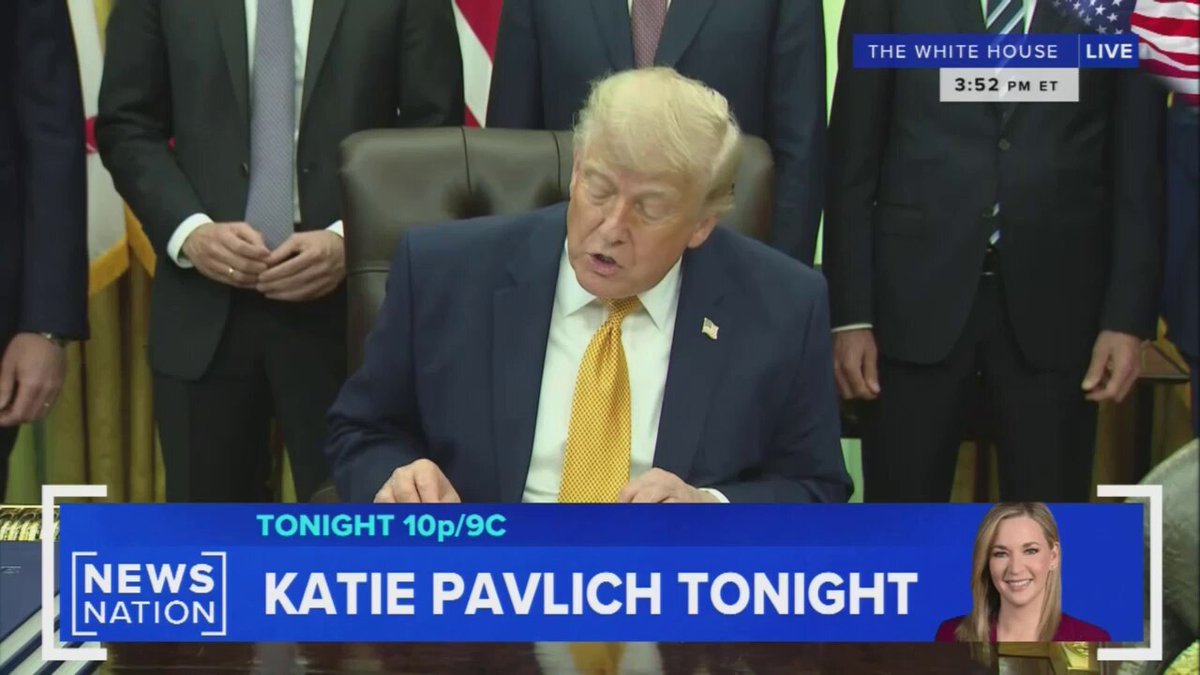 The image shows a news broadcast featuring former US President Donald Trump sitting at a desk, signing an executive order or bill. The news anchor is reporting live from the Oval Office, with the president's face prominently displayed on the screen. The background of the image includes several men in suits and ties, suggesting that this event takes place in a formal setting. The caption below the image reads "XRPL amendment processes defend against the arms race of tech Thats why having a company like Ripple backing the tech is as important as it is".