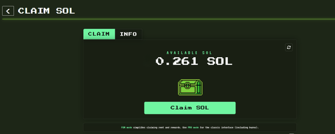 A dark interface screen shows a "CLAIM SOL" page with an available balance of "0.261 SOL" and a green "Claim SOL" button.