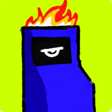 A crude drawing of a blue Among Us crewmate with flames on its head and a single menacing eye is depicted against a bright green background. The fiery, machine-like character visually represents the post's announcement of "the rise of the Machines," suggesting a new era is emerging to replace the previous "ape era."