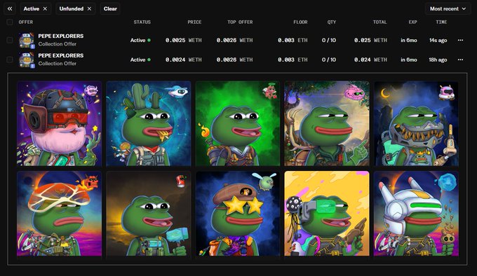 The image shows a collection of 9 different green frog characters, each with unique features such as hats or masks, displayed in a grid format against a black background. The text "deploying 10 more pepes to defend 0.0025e" is present, which suggests that the post might be related to a game or an event involving these frog characters.