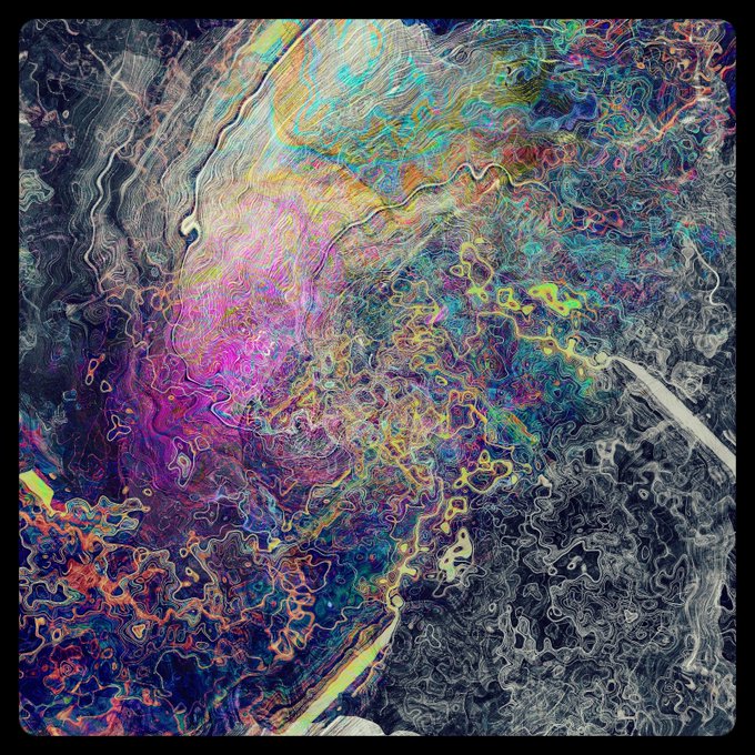 An abstract, colorful digital artwork with swirling patterns in vibrant pinks, blues, greens, and yellows against darker grays, featuring fluid, psychedelic textures.