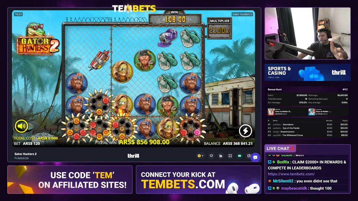 A streamer on TEMBETS plays "Gator Hunters 2" by Nolimit City, hitting a 108.00 win with a 2,100x multiplier, showing a total win of AR$856,908.00 on a AR$120 bet. The bonus hunt leaderboard on the right displays other featured slots like "Zeus vs Hades" and "Fear vs Hades," aligning with the post's excitement over a max win on the swamp-themed game.