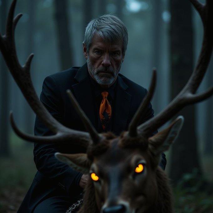 A gray-haired man in a dark suit and orange tie stands behind a stag with glowing orange eyes in a misty forest, evoking a powerful, otherworldly guardian. The image reinforces the post's theme of a looming, transformative force—mirroring the tension between Bitcoin's rising dominance and the existential concerns surrounding AI.