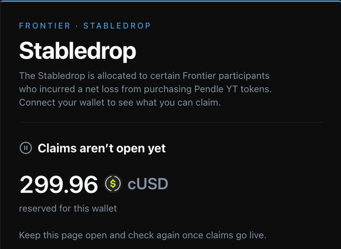 A 'StableDrop' page for 'FRONTIER · STABLEDROP' indicates that 'Claims aren't open yet' but shows 299.96 cUSD reserved for the connected wallet.