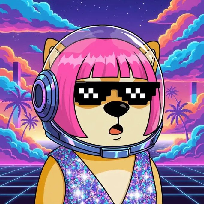 A cartoon Shiba Inu dog wearing pixelated "deal with it" sunglasses and a pink helmet, styled with a sparkly sequined vest against a retro 80s synthwave sunset with palm trees, promoting the "RobinXDogClub" NFT giveaway on OpenSea.