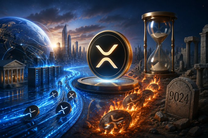 A glowing XRP coin rests on a pedestal at the center of a divided scene, with futuristic blue-lit cities and flowing digital coins on one side and burning, tombstone-marked ruins dated "9024" on the other, visually representing the absurd notion of XRP reaching $10,000 through token burning as a path to either futuristic prosperity or apocalyptic destruction.