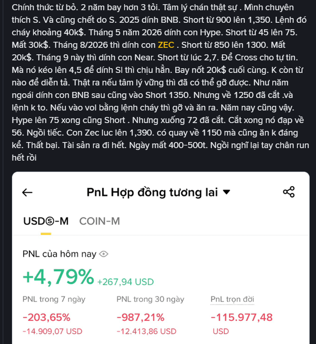 A Vietnamese trading analysis post showing a PNL (Profit and Loss) report with a +4.79% daily gain (+267.94 USD), but significant losses over 7 days (-203.65%), 30 days (-987.21%), and lifetime (-115,977.48 USD).