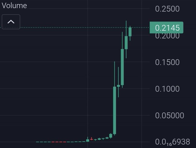 A trading chart showing a sharp upward spike in 'Volume' that reaches a peak value of 0.2145.