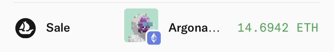 The image shows an NFT sale listing for a pixelated character named "Argonaut" sold for 14.6942 ETH. It visually confirms the post announcing the sale of a rare Radioactive Argonaut NFT, with only 21 in existence, suggesting a successful transaction at a strong price point.