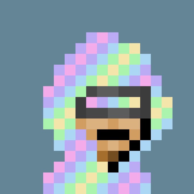 A pixel-art style NFT portrait featuring a figure wearing a dark VR/gaming headset with a multicolored pastel background, representing a digital art collectible. The piece appears to be from the founder's collection that the user recently acquired.
