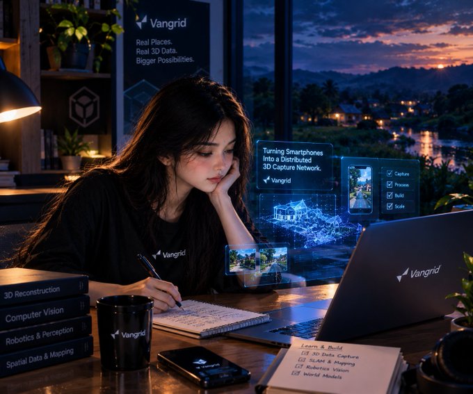 An illustration shows a young woman working at a desk with a laptop, wearing a "Vangrid" shirt, with holographic overlays displaying text like "Turning Smartphones Into a Distributed 3D Capture Network" and floating 3D models.