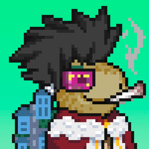 A pixel art character with a large black afro and pink sunglasses wears a red outfit with a white fur collar and smokes a cigarette against a green background.