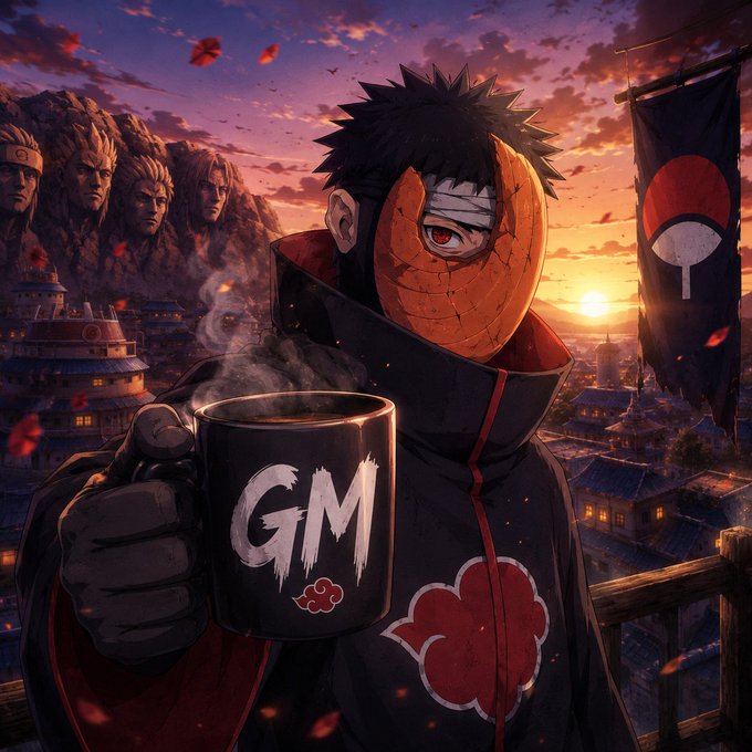 An anime figure in a black cloak with red cloud designs holds up a steaming mug labeled "GM" against a sunset backdrop, while in the background, a mountain carved with four faces overlooks an Akatsuki banner. The image perfectly complements the "GM fam" post, replacing the traditional "Good Morning" greeting with both a literal mug marked "GM" and the Akatsuki figure offering his own cryptic dawn salutation.