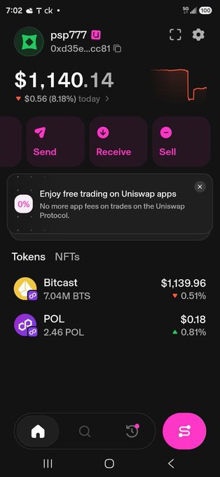 The image shows a Uniswap wallet screenshot displaying a balance of $1,140.14 (down $0.56/6.18% today) for the account "psp777" with the address starting "0xd35e...cc81," holding 7.04M Bitcast (BTS) tokens valued at $1,139.96 and 2.46 POL tokens valued at $0.18. It illustrates the promised "$POL Uniswap wallet airdrop" being advertised, showing a wallet loaded with BTS and POL tokens supposedly obtained through the "Bitcast Exchange" giveaway.