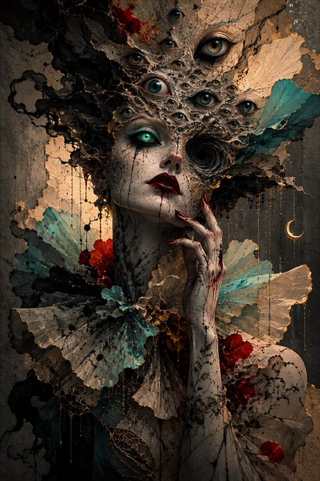 A haunting, surreal portrait of a woman with cracked, peeling skin and multiple glowing green eyes emerging from her head, accented by teal, red, and gold tones with a small crescent moon.