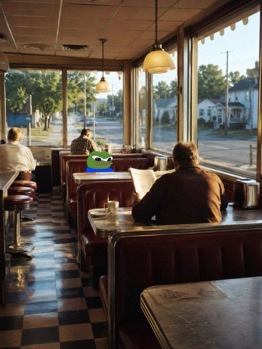 A vintage-style diner with classic red booths, checkered floors, and large windows is filled with patrons reading newspapers over coffee, while a Pepe the Frog cartoon character sits alone in one of the booths. The "Gm" post relates to the meme culture of Pepe, often used in good morning greetings, fittingly placed in a retro breakfast setting.