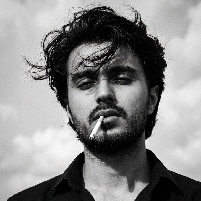 A black-and-white portrait of a bearded man with windswept hair smoking a cigarette, wearing a dark collared shirt.
