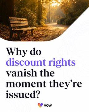 An autumn park scene with a wooden bench sits above bold text reading "Why do discount rights vanish the moment they're issued?" alongside the VOW logo. The imagery of fallen leaves mirrors the post's message about expired, unused promotional value—and how Vow's transferable discount rights prevent that value from "disappearing" like leaves that fall and decay.