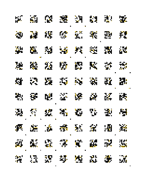 A grid of 64 small, stylized, pixelated character or object icons arranged in rows and columns on a white background.