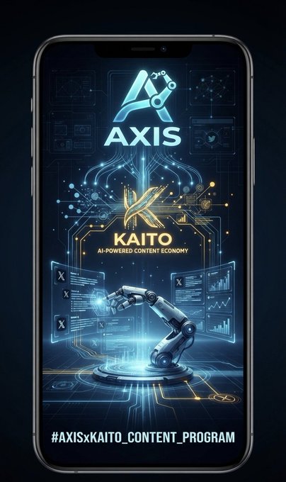 A smartphone mockup displaying a futuristic digital advertisement for 'AXIS X KAITO' promoting an 'AI-POWERED CONTENT ECONOMY' with a robotic arm and circuit board graphics, tagged '#AXISxKAITO_CONTENT_PROGRAM'.