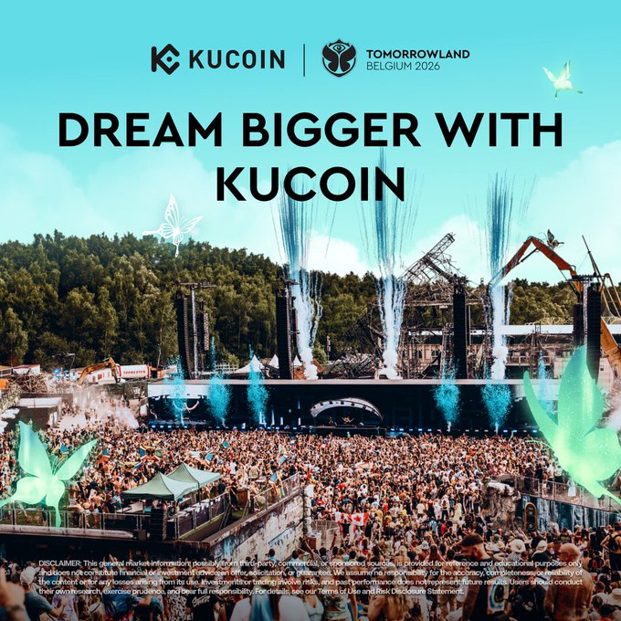 A promotional graphic announces the **"KUCOIN × TOMORROWLAND BELGIUM 2026"** partnership with the headline **"DREAM BIGGER WITH KUCOIN"** overlaid on a vibrant image of a massive festival crowd gathered before the iconic Tomorrowland stage, complete with pyrotechnics and decorative butterflies—directly visualizing the post's theme of people from around the world uniting at the festival under hashtags like **#Kumorrowland** and **#Tomorrowland**.