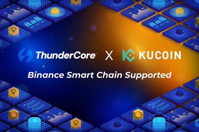 A promotional graphic featuring the ThunderCore and KuCoin logos with the text 'ThunderCore X KUCOIN Binance Smart Chain Supported' over a futuristic background of hexagonal tiles and glowing charts.