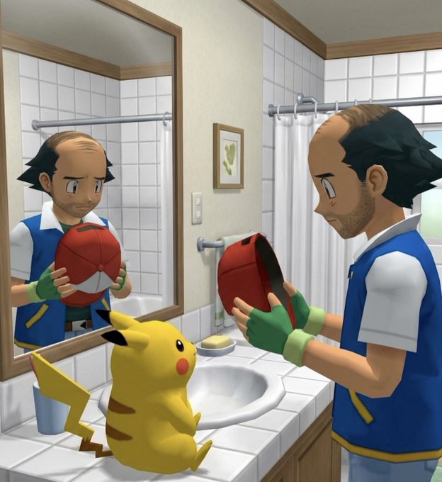 An animated image shows a man in a blue vest and green gloves looking into a bathroom mirror holding a red and white Poké Ball, while a Pikachu sits on the sink.
