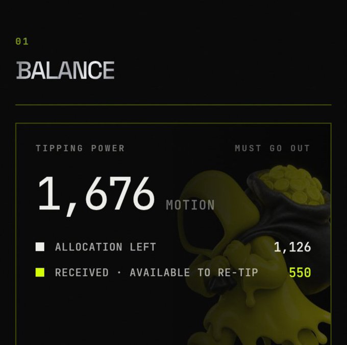 An interface showing '01 BALANCE' with 'TIPPING POWER' of 1,676 MOTION, allocation left of 1,126, and received/available to re-tip of 550.