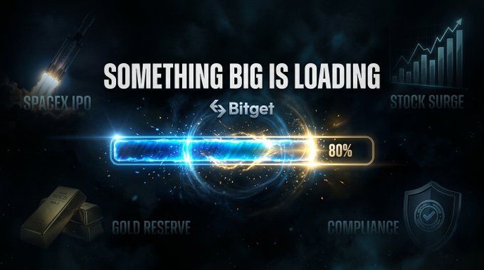 A Bitget promotional graphic with the text 'SOMETHING BIG IS LOADING' and '80%' displayed on a glowing loading bar, surrounded by icons indicating 'SPACEX IPO', 'STOCK SURGE', 'GOLD RESERVE', and 'COMPLIANCE'.