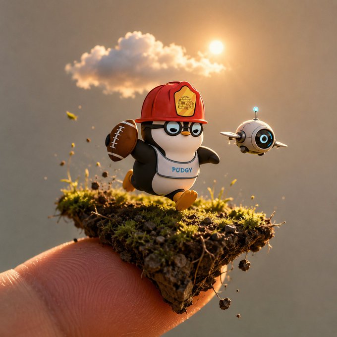 A 3D-rendered illustration of a cute penguin character wearing a red firefighter helmet and a 'PUDGY' shirt, holding a football while running alongside a small robotic companion on a floating piece of mossy earth.