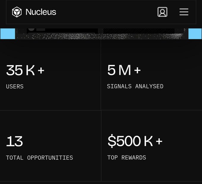A webpage for 'Nucleus' displaying statistics: 35K+ USERS, 5M+ SIGNALS ANALYSED, 13 TOTAL OPPORTUNITIES, and $500K+ TOP REWARDS.