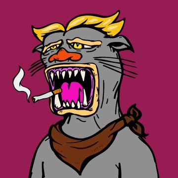 A cartoon illustration of a snarling, anthropomorphic cat-like creature with yellow hair, sharp fangs, and a smoking cigarette against a purple background.