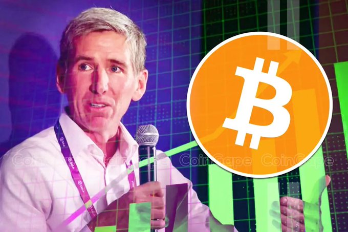 A man with gray hair speaks into a microphone at what appears to be a conference, overlaid with a Bitcoin logo and stock chart graphics, with 'Coingeek' watermarks visible.