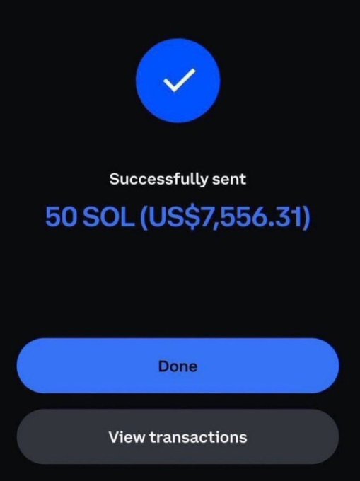 A crypto wallet confirmation screen showing "Successfully sent 50 SOL (US$7,556.31)" used as fake proof of payment to lure users into a $SOL giveaway scam promising free Solana for following, liking, and submitting their wallet addresses.