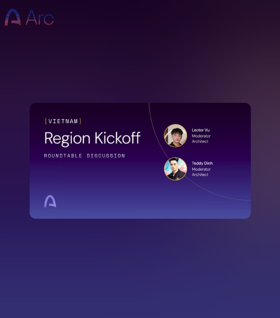 The image shows a purple background with two small circles, one larger circle and one smaller circle, positioned at the top left corner of the screen. The text "Region Kickoff" is written above these circles, while the words "Vietnam" are below them. Below this, there's a description of an event that took place in Vietnam. The image also contains two small images of people, one on each side of the text.