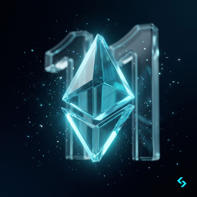 A glowing cyan Ethereum logo (the diamond-shaped octahedron) is set against a dark starry background with the number "11" faintly visible behind it, visually commemorating the 11-year anniversary of Ethereum's network launch.