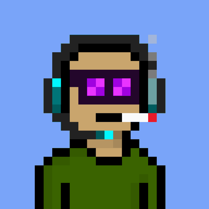 A pixel art portrait of a person with purple sunglasses, a headset, and a cigarette on a light blue background.