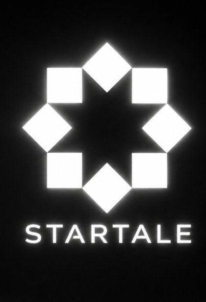 A black logo featuring eight glowing white diamond shapes arranged in a circle around the word 'STARTALE' on a black background.