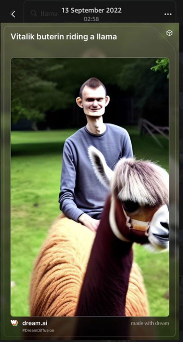 An AI-generated image of Vitalik Buterin riding a llama, created with Dream's AI image generator dated 13 September 2022.