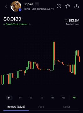 The image shows a crypto price chart for "Triplet - Tung Tung Tung Sahur" (TTT) trading at $0.0139 with a $13.9M market cap and 65,526 holders, displaying a pattern with several sharp spikes followed by declines. The accompanying post critiques the retail appeal of meme coins like "Jimothy," suggesting the volatile, spike-driven nature of TTT's chart reflects the unpredictable market that has left such "thesis" plays underperforming.