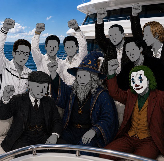 A group of masked figures in various costumes, including a wizard, the Joker, and characters in suits and white outfits, pose with raised fists on a yacht with the text "$NPC" referenced in the caption.