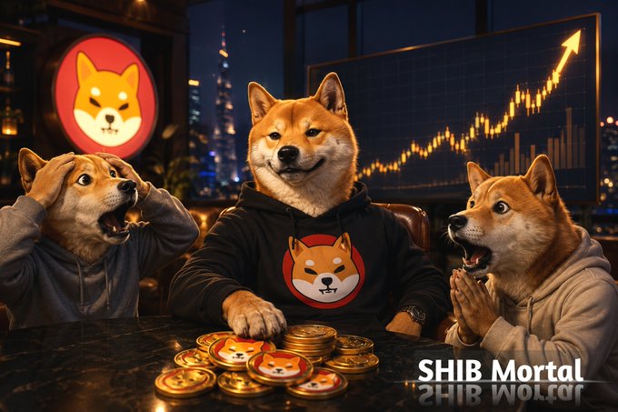 A trio of Shiba Inus gather around a table stacked with SHIB-branded coins in front of a rising price chart, with "SHIB Mortal" text displayed. The image humorously matches the post's message about friends who mocked the early $SHIB buy at $0.000008 now scrambling to get back in after watching the chart skyrocket.
