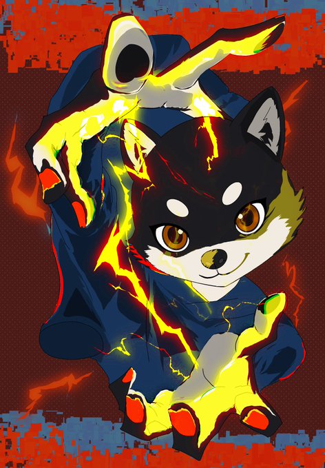 Anime-style illustration of a black and white wolf-like character surrounded by glowing yellow and red energy against a distressed red background.