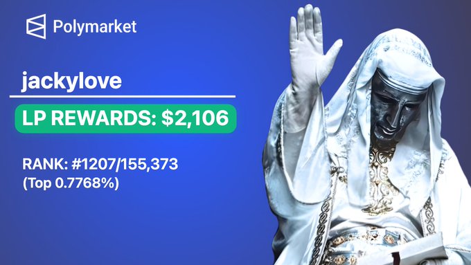 In this image, there's a person wearing a robe standing next to a blue background with white text written on it. The title of the image reads "Jackylove LP rewards: $2,106". This person appears to be an actor or character from some sort of advertisement. They are captured in a moment where they are waving their hand. There's also a small statue nearby that adds interest to the scene.