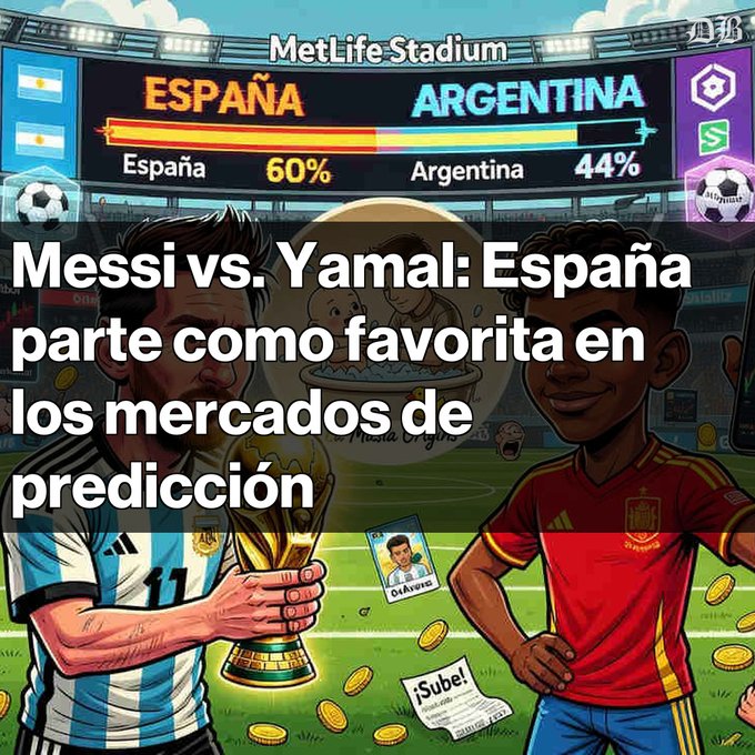 A sports graphic showing prediction market odds at MetLife Stadium with 'ESPAÑA 60%' vs 'ARGENTINA 44%', featuring illustrations of Yamal and Olmo, with Spanish text 'Messi vs. Yamal: España parte como favorita en los mercados de predicción'.
