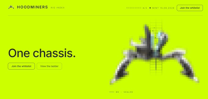 Landing page for 'HOODMINERS' on a bright yellow-green background with the text 'One chassis.' and 'Join the whitelist,' featuring a pixelated image of a hood ornament with a ladder.