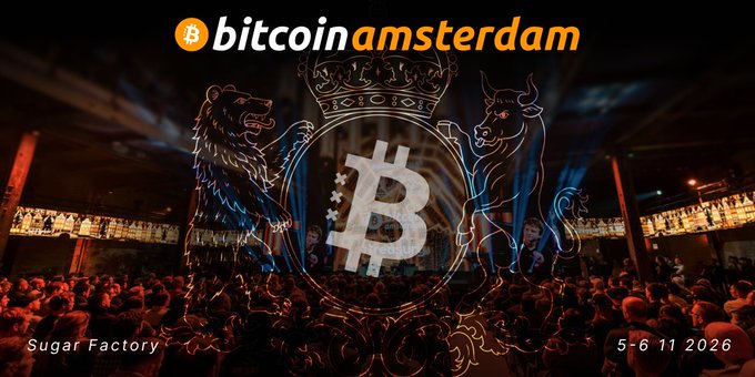 A promotional banner for 'bitcoin amsterdam' at Sugar Factory, dated 5-6 11 2026, features a Bitcoin logo with a crown flanked by a bear and bull.