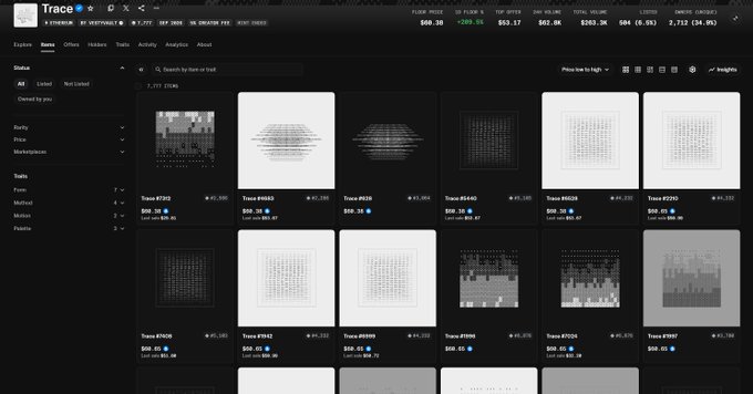 A dark-themed NFT marketplace interface called 'Trace' displaying a grid of trace art items with prices in ETH and USD, showing portfolio metrics at the top including a 2,712 floor price.