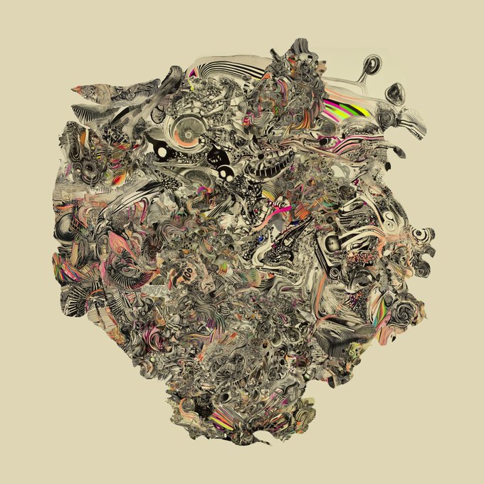 An abstract digital artwork forming a chaotic, swirling mass of shapes, eyes, and textures in muted earth tones with splashes of pink and green against a cream background.